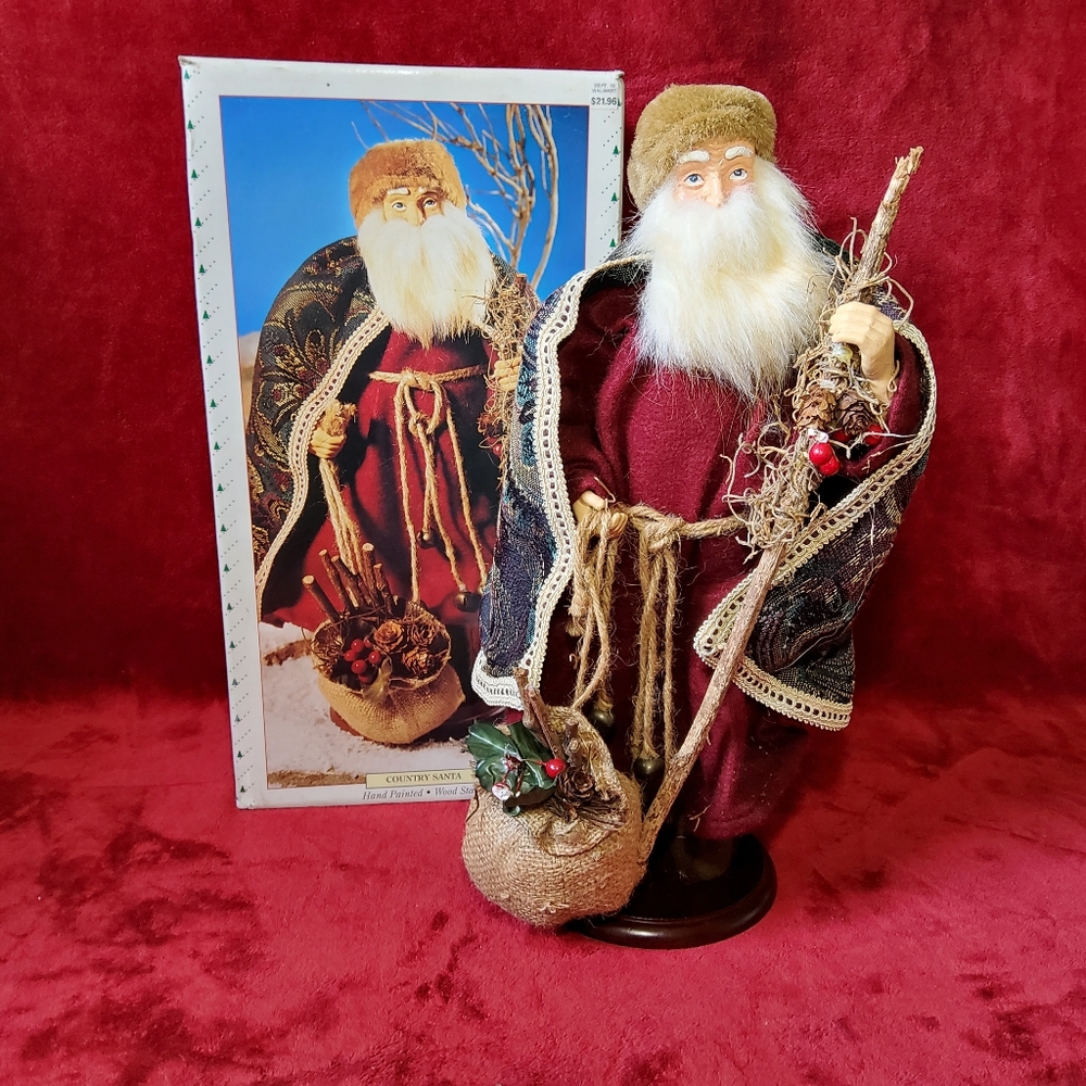 Vintage 1993 Holiday Time Country Santa Rustic With Gift Bag & Staff 16” W/ Box